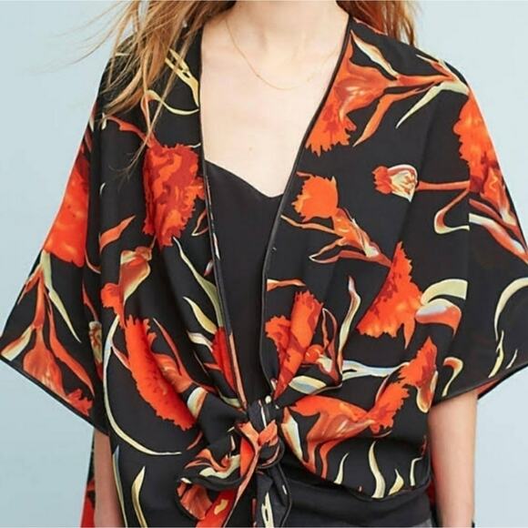 ANTHROPOLOGIE KIMONO BLACK RED FLORAL FLOWY CAPE ONE SIZE - Picture 3 of 5